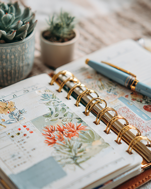An open planner with a blue pen lying on top with two succulent plants above it.