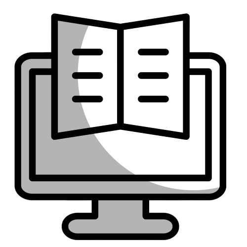 Icon image of a computer with a book coming out of it
