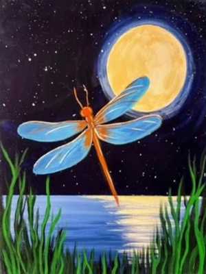 Colorful painting of a large blue-and-orange dragonfly hovering over a moonlit lake at night, with tall green grass in the foreground and a glowing full moon and stars in the sky.