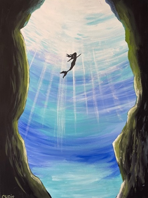 Painting of a mermaid in water with sun rays shining down and rock walls on both sides of her.