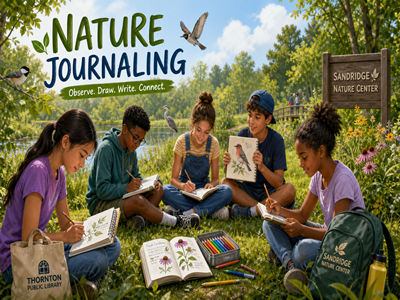Illustration of diverse tweens sitting on the grass in a sunny park near a pond, sketching and writing in nature journals while observing birds, trees, and plants, with small signs reading “Thornton Public Library” and “Sandridge Nature Center” in the scene.
