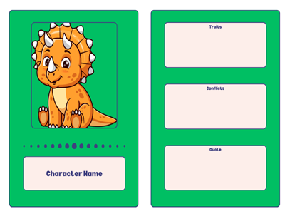 Dinosaur trading card with green background, a triceratops, and spaces for stats.