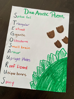 Dinosaur acrostic poem using the word "Dinosaur."