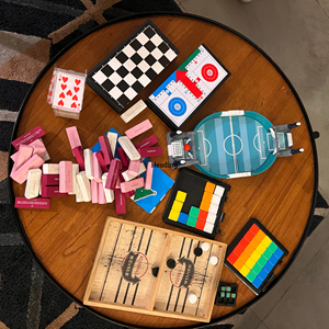 Board games and card games on a table