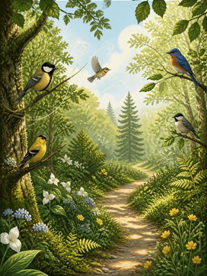 Nature path with colorful birds
