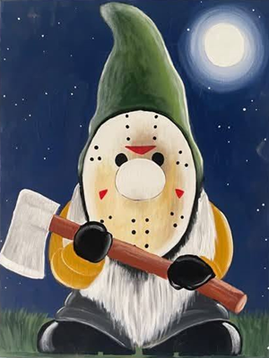 Painting of a gnome dressed up as Jason for Halloween.