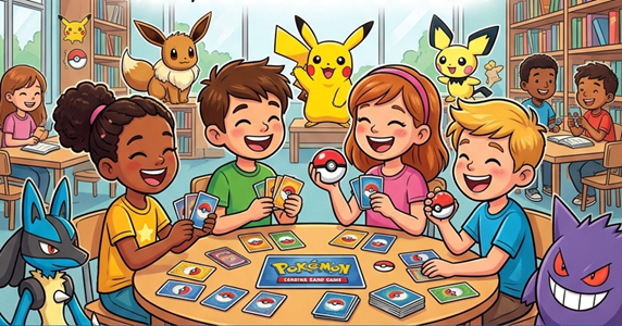 A group of kids sitting at a table playing a pokemon game
