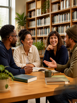 A group of adults sitting at a table in a library