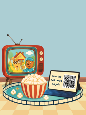 An old tube TV with Arthur and a berenstain bear on it with a bowl of popcorn and a laptop sitting on a rug.