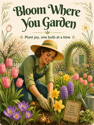 A woman planting bulbs in her garden