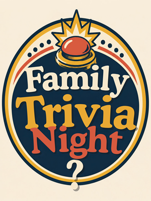 Image of a Family trivia night logo using warm cream, deep navy, golden yellow, and muted red colors.