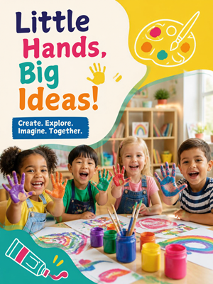 “Little Hands, Big Ideas! Create. Explore. Imagine. Together.” Four smiling children show their paint-covered hands while sitting at a table with colorful finger paintings, paint jars, and brushes.