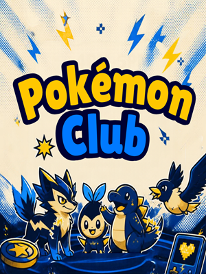 “Pokémon Club” in bold yellow and blue lettering above four cartoon Pokémon, surrounded by lightning bolts and stars on a cream and blue background.