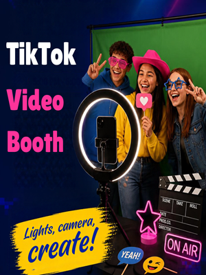 Three teens in front of a ring light with props on a table.